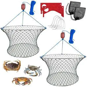 Double Ring Crab Trap - Steel Ring Crab Net, 24" Top, 20" Bottom, 50' Rope, Clip, Gauge for Dungeness, Rock and Blue Crab Double Ring Crab Trap - Steel Ring Crab Net, 24" Top, 20" Bottom, 50' Rope, Clip, Gauge for Dungeness, Rock and Blue Crab