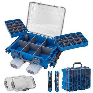 Waterproof Double Side Tackle Box, Portable Storage Box with 2 Pack 3500 Stowaway Boxes & Rod Holders, Fishing Lure Organizer YellowPink/Green/Blue/Grey (L-Blue) Waterproof Double Side Tackle Box, Portable Storage Box with 2 Pack 3500 Stowaway Boxes & Rod Holders, Fishing Lure Organizer YellowPink/Green/Blue/Grey (L-Blue)