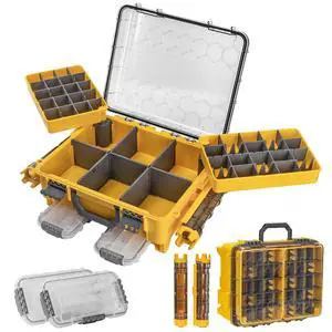Waterproof Double Side Tackle Box, Portable Storage Box with 2 Pack 3500 Stowaway Boxes & Rod Holders, Fishing Lure Organizer YellowPink/Green/Blue/Grey (L-Yellow) Waterproof Double Side Tackle Box, Portable Storage Box with 2 Pack 3500 Stowaway Boxes & Rod Holders, Fishing Lure Organizer YellowPink/Green/Blue/Grey (L-Yellow)