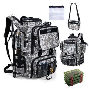 Fishing Backpack with 4 Tackle Boxes, 900D Water-Resistant Tackle Backpack with Rod Holders, 58L Large Storage Gear Fishing Bag with Detachable Crossbody Bag, 8 Lure Pockets for Camping Hiking Fishing Backpack with 4 Tackle Boxes, 900D Water-Resistant Tackle Backpack with Rod Holders, 58L Large Storage Gear Fishing Bag with Detachable Crossbody Bag, 8 Lure Pockets for Camping Hiking
