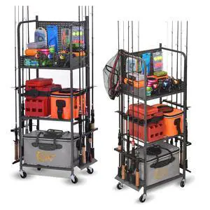 Heavy Duty Fishing Rod Rack, Fishing Organizer for Garage, Fishing Gear Holder for Garage with Movable Wheels Heavy Duty Fishing Rod Rack, Fishing Organizer for Garage, Fishing Gear Holder for Garage with Movable Wheels
