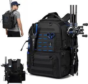 Fishing Tackle Backpack with 2 Rod Holders, Multi-Pocket Tactical Bag with Bottle Holder, 50L Extra Large Fishing Bag for Fishing Gear and Equipment, Black Fishing Tackle Backpack with 2 Rod Holders, Multi-Pocket Tactical Bag with Bottle Holder, 50L Extra Large Fishing Bag for Fishing Gear and Equipment, Black