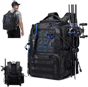 Fishing Tactical Backpack with 2 Rod Holders, Waterproof Tackle Bag with Bottle Holder,50L Extra Large Fishing Bag for Fishing Gear and Equipment, Black Camo Fishing Tactical Backpack with 2 Rod Holders, Waterproof Tackle Bag with Bottle Holder,50L Extra Large Fishing Bag for Fishing Gear and Equipment, Black Camo
