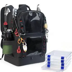 Fishing Tackle Backpack with 4 Tackle Boxes,45L Large Tackle Bag with 2 Rod Holders & Clear Window,Outdoor Fishing Backpack for Fishing,Camping,Hiking,Black Fishing Tackle Backpack with 4 Tackle Boxes,45L Large Tackle Bag with 2 Rod Holders & Clear Window,Outdoor Fishing Backpack for Fishing,Camping,Hiking,Black
