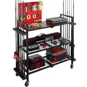 Fishing Rod Holders for Garage, Fishing Rod Stand with Wheels and Pegboard, 3-Tier Pole Storage Rack with 8 Hooks and 12 Rod Slots, Ideal for Tackle, Backpacks, and Gear Red Fishing Rod Holders for Garage, Fishing Rod Stand with Wheels and Pegboard, 3-Tier Pole Storage Rack with 8 Hooks and 12 Rod Slots, Ideal for Tackle, Backpacks, and Gear Red