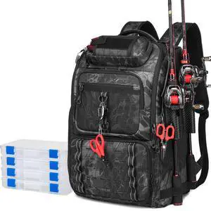 Fishing Tackle Backpack, 40L Tackle Bag with 2 Rod Holders & 4 Tackle Boxes, Water-Resistant Large Storage Fishing Gear and Equipment, Fisher Gifts for Men, Black Camo Fishing Tackle Backpack, 40L Tackle Bag with 2 Rod Holders & 4 Tackle Boxes, Water-Resistant Large Storage Fishing Gear and Equipment, Fisher Gifts for Men, Black Camo