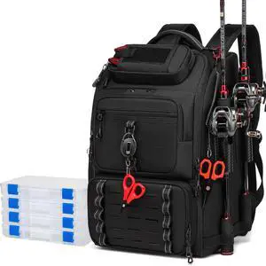 Fishing Tackle Backpack, 40L Tackle Bag with 2 Rod Holders & 4 Tackle Boxes, Water-Resistant Large Storage Fishing Gear and Equipment, Fisher Gifts for Men, Black Fishing Tackle Backpack, 40L Tackle Bag with 2 Rod Holders & 4 Tackle Boxes, Water-Resistant Large Storage Fishing Gear and Equipment, Fisher Gifts for Men, Black