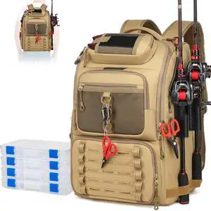 Fishing Tackle Backpack, 40L Tackle Bag with 2 Rod Holders & 4 Tackle Boxes,Water-Resistant Large Storage Fishing Gear and Equipment, Fisher Gifts for Men, Khaki Fishing Tackle Backpack, 40L Tackle Bag with 2 Rod Holders & 4 Tackle Boxes,Water-Resistant Large Storage Fishing Gear and Equipment, Fisher Gifts for Men, Khaki