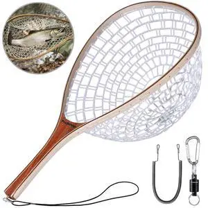 Fly Fishing Net, Wooden Frame Fishing Landing Net with Magnetic Release, Soft Rubber Mesh Net for Trout Bass Catch and Release, Magnetic Fly Fishing Gear Fly Fishing Net, Wooden Frame Fishing Landing Net with Magnetic Release, Soft Rubber Mesh Net for Trout Bass Catch and Release, Magnetic Fly Fishing Gear