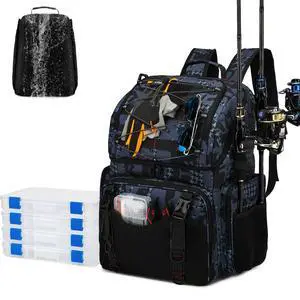 Fishing Backpack, 45L Large Cooler Fishing Tackle bag with Rod Holders & Rain Cover, Water-resistant Store Gear(With 4 Tackle Boxes) Fishing Backpack, 45L Large Cooler Fishing Tackle bag with Rod Holders & Rain Cover, Water-resistant Store Gear(With 4 Tackle Boxes)