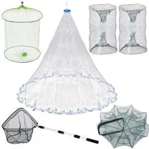 6 Pcs Fishing Net Trap Portable Folded, Crab Trap Minnow Trap, Fishing Landing Net with Telescoping Pole Handle, Casting Net Bait Trap with Heavy Duty Sinker and Storage Bucket 6 Pcs Fishing Net Trap Portable Folded, Crab Trap Minnow Trap, Fishing Landing Net with Telescoping Pole Handle, Casting Net Bait Trap with Heavy Duty Sinker and Storage Bucket