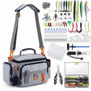 Fishing Tackle Bags with Tackle Box,Waterproof,Padded Shoulder Strap,Gear Storage,Fish Bag with 136 Pcs Fishing Lures Kit,Fish Hook Remover Tool,Fish Lip Gripper,Fishing Plier,Gifts for Men (Gray) Fishing Tackle Bags with Tackle Box,Waterproof,Padded Shoulder Strap,Gear Storage,Fish Bag with 136 Pcs Fishing Lures Kit,Fish Hook Remover Tool,Fish Lip Gripper,Fishing Plier,Gifts for Men (Gray)