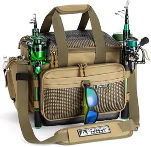 Fishing Tackle Bag with Rod Holder Saltwater & Freshwater Resistant Large Tackle Box Bag - Waterproof Base, Adjustable Padded Shoulder Strap (Khaki) Fishing Tackle Bag with Rod Holder Saltwater & Freshwater Resistant Large Tackle Box Bag - Waterproof Base, Adjustable Padded Shoulder Strap (Khaki)