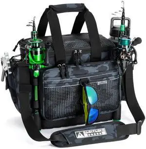 Fishing Tackle Bag with Rod Holder Saltwater & Freshwater Resistant Large Tackle Box Bag - Waterproof Base, Adjustable Padded Shoulder Strap (Black Camouflage) Fishing Tackle Bag with Rod Holder Saltwater & Freshwater Resistant Large Tackle Box Bag - Waterproof Base, Adjustable Padded Shoulder Strap (Black Camouflage)