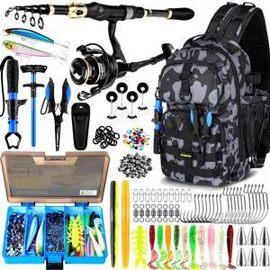 Fishing Backpack with Fishing Rod &Tackle Boxes, Waterproof Sling Tackle Bag for Fish Gear with Rod Holder, Gifts for Men with Lures, Pliers, Fish Lip Gripper Fishing Backpack with Fishing Rod &Tackle Boxes, Waterproof Sling Tackle Bag for Fish Gear with Rod Holder, Gifts for Men with Lures, Pliers, Fish Lip Gripper