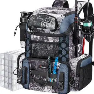Fishing Tackle Backpack with Rod Holders & 4 Tackle Boxes, 42L Outdoor Fishing Bag with Waterproof Rain Cover Fishing Tackle Backpack with Rod Holders & 4 Tackle Boxes, 42L Outdoor Fishing Bag with Waterproof Rain Cover