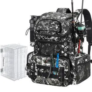Fishing Tackle Backpack with Rod Holders & 4 Tackle Boxes, 42L Outdoor Fishing Bag with Waterproof Rain Cover Fishing Tackle Backpack with Rod Holders & 4 Tackle Boxes, 42L Outdoor Fishing Bag with Waterproof Rain Cover