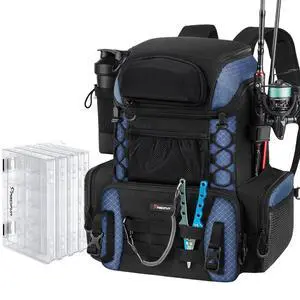 Fishing Tackle Backpack with Rod Holders & 4 Tackle Boxes, 42L Outdoor Fishing Bag with Waterproof Rain Cover Fishing Tackle Backpack with Rod Holders & 4 Tackle Boxes, 42L Outdoor Fishing Bag with Waterproof Rain Cover