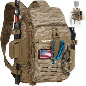 Fishing Tackle Backpack with Rod & Gear Holder, Lightweight Outdoor Water-Resistant Fishing Shoulder Storage Bag with Protective Rain Cover, Khaki Camouflage Fishing Tackle Backpack with Rod & Gear Holder, Lightweight Outdoor Water-Resistant Fishing Shoulder Storage Bag with Protective Rain Cover, Khaki Camouflage