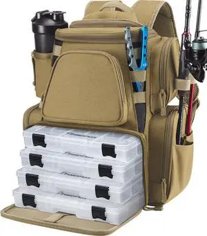 Fishing Tackle Backpack with 2 Rod Holders, 4 Boxes & Rain Cover | Multi-pocket storage, fits 3600/3700 trays, bottle holder, padded straps for bank fishing Fishing Tackle Backpack with 2 Rod Holders, 4 Boxes & Rain Cover | Multi-pocket storage, fits 3600/3700 trays, bottle holder, padded straps for bank fishing