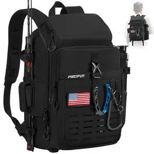 Fishing Tackle Backpack with Rod & Gear Holder, Lightweight Outdoor Water-Resistant Fishing Shoulder Storage Bag with Protective Rain Cover, Black Fishing Tackle Backpack with Rod & Gear Holder, Lightweight Outdoor Water-Resistant Fishing Shoulder Storage Bag with Protective Rain Cover, Black