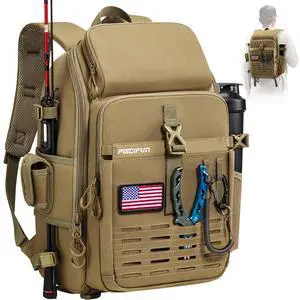 Fishing Tackle Backpack with Rod & Gear Holder, Lightweight Outdoor Water-Resistant Fishing Shoulder Storage Bag with Protective Rain Cover, Khaki Fishing Tackle Backpack with Rod & Gear Holder, Lightweight Outdoor Water-Resistant Fishing Shoulder Storage Bag with Protective Rain Cover, Khaki