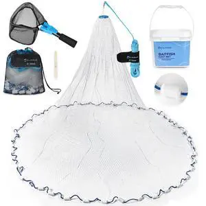 Cast Net 3/8" Mesh for Freshwater and Saltwater, 3ft-6ft Radius Casting Nets with Heavy-Duty Sinking Nylon Line, Mesh Storage Bag & Storage Bucket & Net Repair Kit Cast Net 3/8" Mesh for Freshwater and Saltwater, 3ft-6ft Radius Casting Nets with Heavy-Duty Sinking Nylon Line, Mesh Storage Bag & Storage Bucket & Net Repair Kit