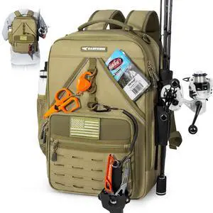 KarryAll KastMate Fishing Tackle Backpack,Water-Resistant Tackle Bag With 2 Rod Holders,Fishing Gear and Equipment With Large Gear Storage,Khaki KarryAll KastMate Fishing Tackle Backpack,Water-Resistant Tackle Bag With 2 Rod Holders,Fishing Gear and Equipment With Large Gear Storage,Khaki