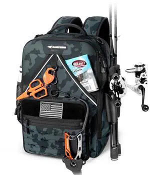 KarryAll KastMate Fishing Tackle Backpack,Water-Resistant Tackle Bag With 2 Rod Holders,Fishing Gear and Equipment With Large Gear Storage,Black Camo KarryAll KastMate Fishing Tackle Backpack,Water-Resistant Tackle Bag With 2 Rod Holders,Fishing Gear and Equipment With Large Gear Storage,Black Camo