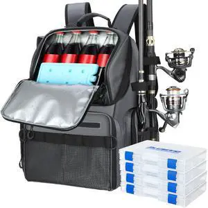 Cooler Fishing Backpack with Rod Holders 45L Large Water-resistant Fishing Tackle bag Store Fishing Gear Fishing Gifts for Men Father Cooler Fishing Backpack with Rod Holders 45L Large Water-resistant Fishing Tackle bag Store Fishing Gear Fishing Gifts for Men Father