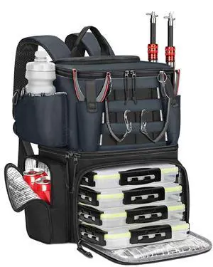 Fishing Backpack with 4 Tackle Boxes, Fishing Bag with Rod Holder | 3600 Tackle Box 4 Pack, Water Resistant Tackle Backpack with Cooler Compartment, Safety Compass, Gifts for Fishermen Fishing Backpack with 4 Tackle Boxes, Fishing Bag with Rod Holder | 3600 Tackle Box 4 Pack, Water Resistant Tackle Backpack with Cooler Compartment, Safety Compass, Gifts for Fishermen