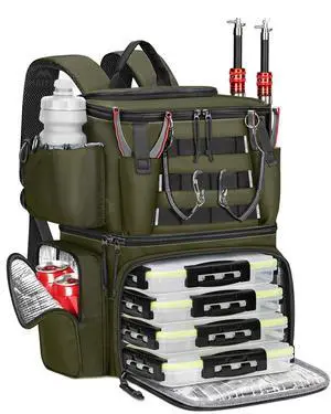 Fishing Backpack with 4 Tackle Boxes, Fishing Bag with Rod Holder | 3600 Tackle Box 4 Pack, Water Resistant Tackle Backpack with Cooler Compartment, Safety Compass, Gifts for Fishermen Fishing Backpack with 4 Tackle Boxes, Fishing Bag with Rod Holder | 3600 Tackle Box 4 Pack, Water Resistant Tackle Backpack with Cooler Compartment, Safety Compass, Gifts for Fishermen