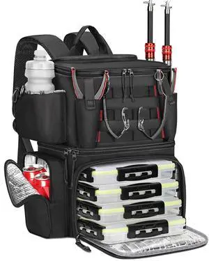 Fishing Backpack with 4 Tackle Boxes, Fishing Bag with Rod Holder | 3600 Tackle Box 4 Pack, Water Resistant Tackle Backpack with Cooler Compartment, Safety Compass, Gifts for Fishermen Fishing Backpack with 4 Tackle Boxes, Fishing Bag with Rod Holder | 3600 Tackle Box 4 Pack, Water Resistant Tackle Backpack with Cooler Compartment, Safety Compass, Gifts for Fishermen