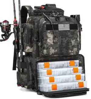 Tactical Fishing Tackle Backpack with Tackle Boxes, Rod Holders, Bottle Holder, 50 L Large Insulated Fishing Backpack Tackle Box with Cooler, Fishing Bag Store Gear & Equipment, Black CM Tactical Fishing Tackle Backpack with Tackle Boxes, Rod Holders, Bottle Holder, 50 L Large Insulated Fishing Backpack Tackle Box with Cooler, Fishing Bag Store Gear & Equipment, Black CM
