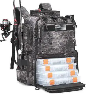 Tactical Fishing Backpack with Tackle Boxes, Rod Holders & Bottle Holder, 50 L Large Tackle Box Backpack with Cooler, Fishing Tackle Bag Store Gear & Equipment, 900 D Oxford, Camouflage Black Tactical Fishing Backpack with Tackle Boxes, Rod Holders & Bottle Holder, 50 L Large Tackle Box Backpack with Cooler, Fishing Tackle Bag Store Gear & Equipment, 900 D Oxford, Camouflage Black
