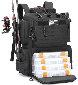 Tactical Fishing Backpack with Tackle Boxes, Rod Holders & Bottle Holder, 50 L Large Tackle Box Backpack with Cooler, Fishing Tackle Bag with Trays Store Gear & Equipment, Black Tactical Fishing Backpack with Tackle Boxes, Rod Holders & Bottle Holder, 50 L Large Tackle Box Backpack with Cooler, Fishing Tackle Bag with Trays Store Gear & Equipment, Black