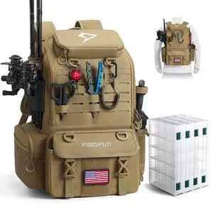 52L Fishing Tackle Backpack, 17 Pockets, Rod Holders & 4 Boxes | 52L, 17 compartments, 4 tackle boxes, Rain cover, Breathable support 52L Fishing Tackle Backpack, 17 Pockets, Rod Holders & 4 Boxes | 52L, 17 compartments, 4 tackle boxes, Rain cover, Breathable support