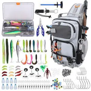 Fishing Backpack with Tackle Boxes,Waterproof Fishing Shoulder Bag with Rod Holder,Fish Bag with 136 Pcs Fishing Lures Kit,Fish Hook Remover Tool,Fish Lip Gripper,Fishing Plier,Gifts for Men (Gray) Fishing Backpack with Tackle Boxes,Waterproof Fishing Shoulder Bag with Rod Holder,Fish Bag with 136 Pcs Fishing Lures Kit,Fish Hook Remover Tool,Fish Lip Gripper,Fishing Plier,Gifts for Men (Gray)