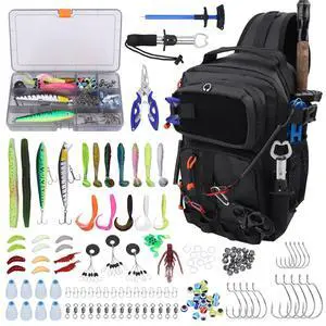 Fishing Backpack with Tackle Boxes,Waterproof Fishing Shoulder Bag for Fishing Gear,Fish Bag with 136 Pcs Fishing Lures Kit,Fish Hook Remover Tool,Fish Lip Gripper,Fishing Plier,Gifts for Men (Black) Fishing Backpack with Tackle Boxes,Waterproof Fishing Shoulder Bag for Fishing Gear,Fish Bag with 136 Pcs Fishing Lures Kit,Fish Hook Remover Tool,Fish Lip Gripper,Fishing Plier,Gifts for Men (Black)
