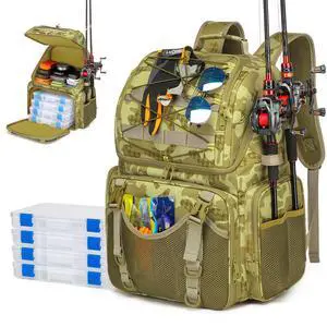 Fishing Backpack, 45L Large Cooler Fishing Tackle bag with Rod Holders & Rain Cover, Water-resistant Store Gear (Khaki Camo(With 4 Tackle Boxes)) Fishing Backpack, 45L Large Cooler Fishing Tackle bag with Rod Holders & Rain Cover, Water-resistant Store Gear (Khaki Camo(With 4 Tackle Boxes))