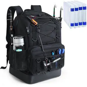 Fishing Backpack with 4 Tackle Boxes, Heavy Duty Fishing Bag with Waterproof Bottom, Tackle Backpack Gifts for Man Woman-Pure Black Fishing Backpack with 4 Tackle Boxes, Heavy Duty Fishing Bag with Waterproof Bottom, Tackle Backpack Gifts for Man Woman-Pure Black