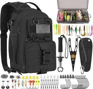 Fishing Backpack with Tackle Boxes, Fishing Sling Tackle Backpack Bag for Fish Gear With Rod Holder, Fish Kits Gifts for Men Women with Lures, Pliers, Lip Gripper, Black Kit Fishing Backpack with Tackle Boxes, Fishing Sling Tackle Backpack Bag for Fish Gear With Rod Holder, Fish Kits Gifts for Men Women with Lures, Pliers, Lip Gripper, Black Kit