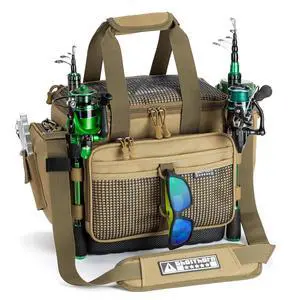 Fishing Tackle Bag with Rod Holder Saltwater & Freshwater Resistant Tackle Box Bag - Waterproof Base, Adjustable Padded Shoulder Strap (Khaki) Fishing Tackle Bag with Rod Holder Saltwater & Freshwater Resistant Tackle Box Bag - Waterproof Base, Adjustable Padded Shoulder Strap (Khaki)