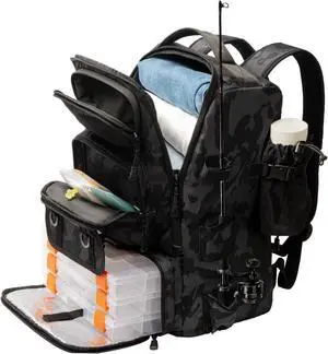 Fishing Backpack with Rod Holders & Cooler, 40L Fishing Tackle Bag Fishing Tackle Storage Backpack Fishing Gear for Camping, Black Camo Fishing Backpack with Rod Holders & Cooler, 40L Fishing Tackle Bag Fishing Tackle Storage Backpack Fishing Gear for Camping, Black Camo