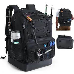 Fishing Backpack with Rod Holder, Heavy Duty Fishing Bag with Waterproof Bottom, Tackle Backpack Gifts for Man Woman-Black Fishing Backpack with Rod Holder, Heavy Duty Fishing Bag with Waterproof Bottom, Tackle Backpack Gifts for Man Woman-Black