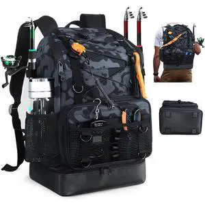 Fishing Backpack with Rod Holder, Heavy Duty Fishing Bag with Waterproof Bottom, Tackle Backpack Gifts for Man Woman-Black Camo Fishing Backpack with Rod Holder, Heavy Duty Fishing Bag with Waterproof Bottom, Tackle Backpack Gifts for Man Woman-Black Camo