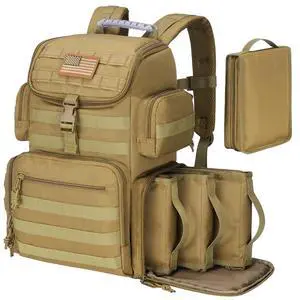 Tactical Range Backpack with Removable Divider, Gun Cases Bag with 4 Pistol Carrying Cases, Rucksack for Shooting (Tan, Medium) Tactical Range Backpack with Removable Divider, Gun Cases Bag with 4 Pistol Carrying Cases, Rucksack for Shooting (Tan, Medium)