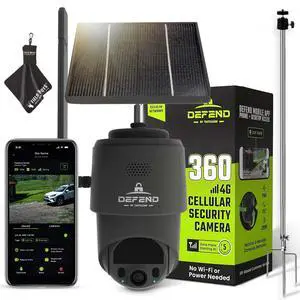 Defend 360 Cellular Security Camera, 4K Photos, 1080p Video, Solar + Rechargeable Battery, 360° Pan/Tilt/Zoom, LTE Cellular, Motion Alerts, Weather Resistant Includes Mounting Post & Cloth Defend 360 Cellular Security Camera, 4K Photos, 1080p Video, Solar + Rechargeable Battery, 360° Pan/Tilt/Zoom, LTE Cellular, Motion Alerts, Weather Resistant Includes Mounting Post & Cloth
