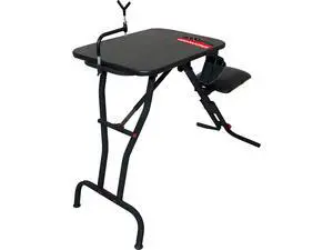 Swivel Action Shooting Bench with Thick Padded Seat, Extended Arm Rests, Padded Vinyl Cover, Gear Pouches & Adjustable Coated Gun-Rest Swivel Action Shooting Bench with Thick Padded Seat, Extended Arm Rests, Padded Vinyl Cover, Gear Pouches & Adjustable Coated Gun-Rest