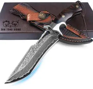 Damascus Hunting Knife 10.4" Fixed Blade VG10 Leather Sheath | 107-layer hand-forged bowie construction with ergonomic rosewood handle for outdoor camping and survival Damascus Hunting Knife 10.4" Fixed Blade VG10 Leather Sheath | 107-layer hand-forged bowie construction with ergonomic rosewood handle for outdoor camping and survival